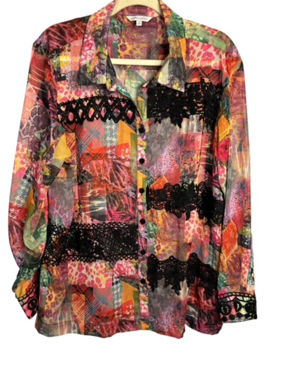 John Mark Blouse Women's 1X Abstract Lightweight Lace Sheer Floral Boho